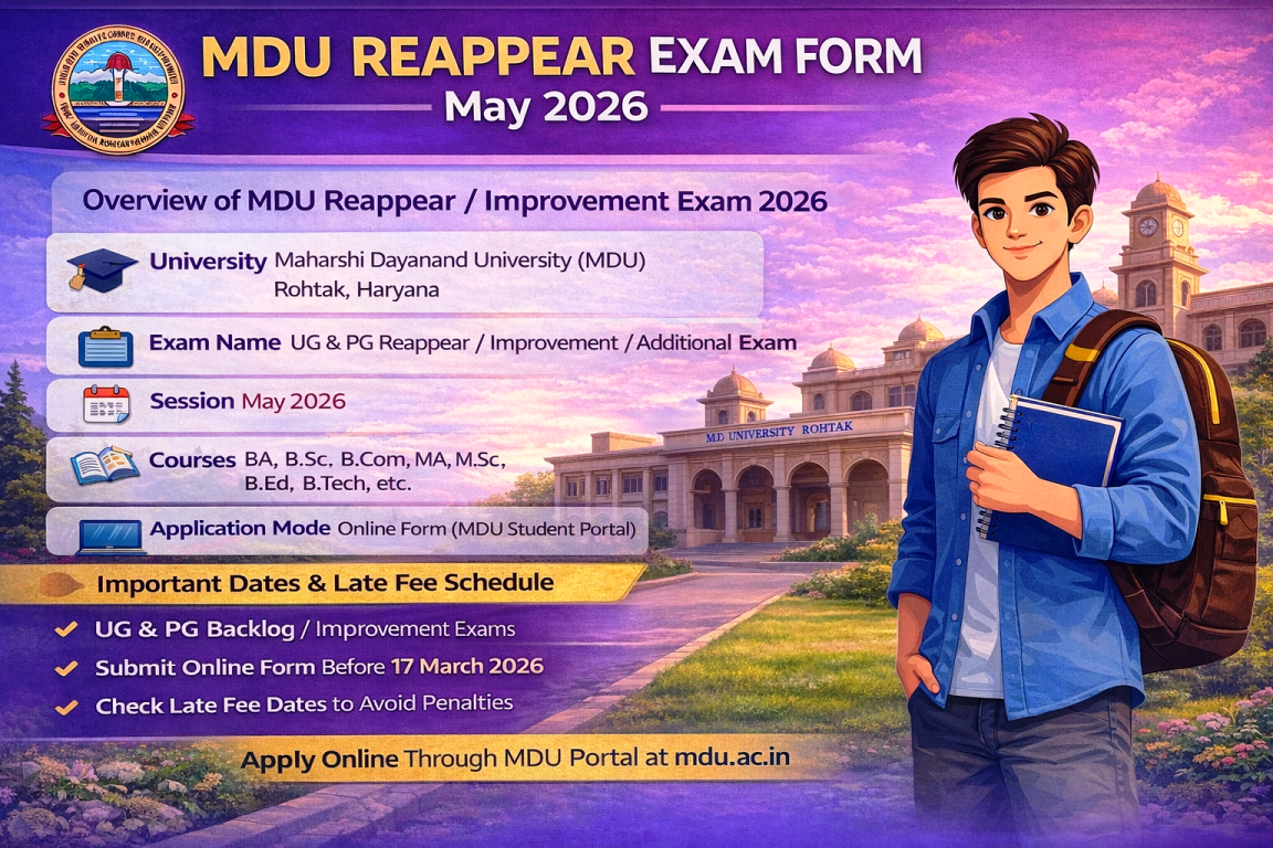 MDU Reappear Exam Form May 2026 Notification for UG and PG Improvement and Additional Exams Apply Online Before 17 March 2026