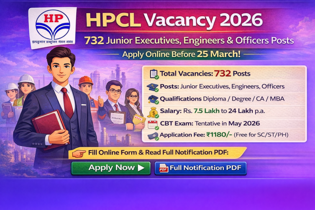 HPCL Recruitment 2026 Notification for 732 Junior Executive Engineer and Officer Posts Apply Online Before 25 March